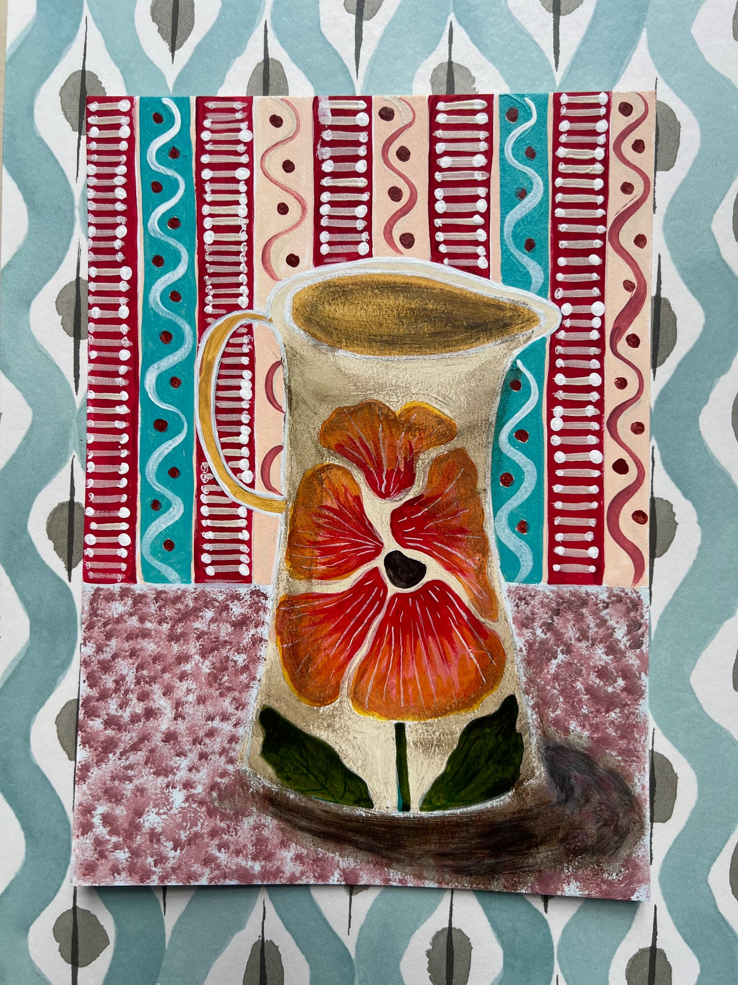 Pansy Jug with Stripy Wallpaper - Original Painting