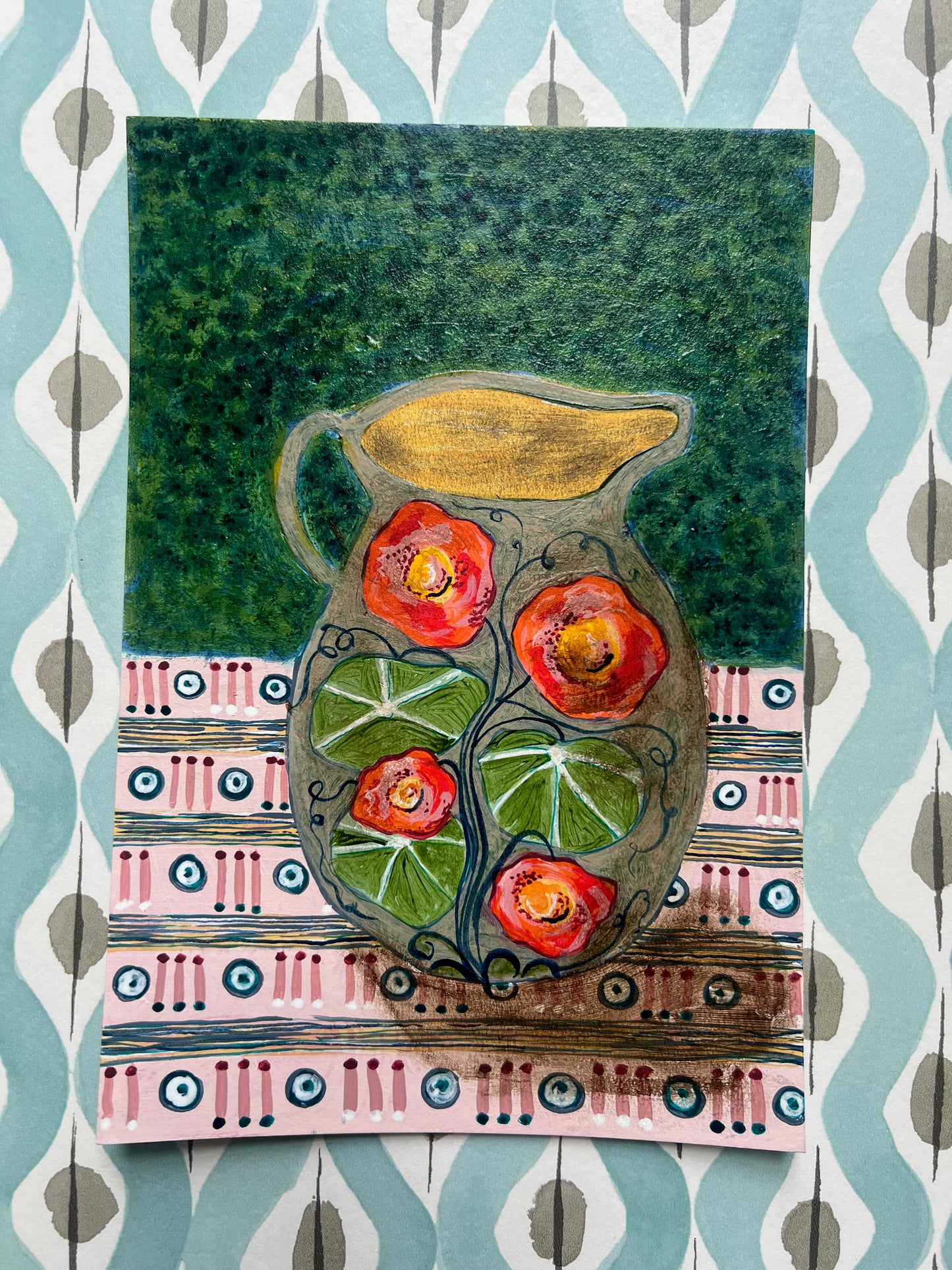 Jug with Nasturtiums on a patterned cloth -  Original Painting