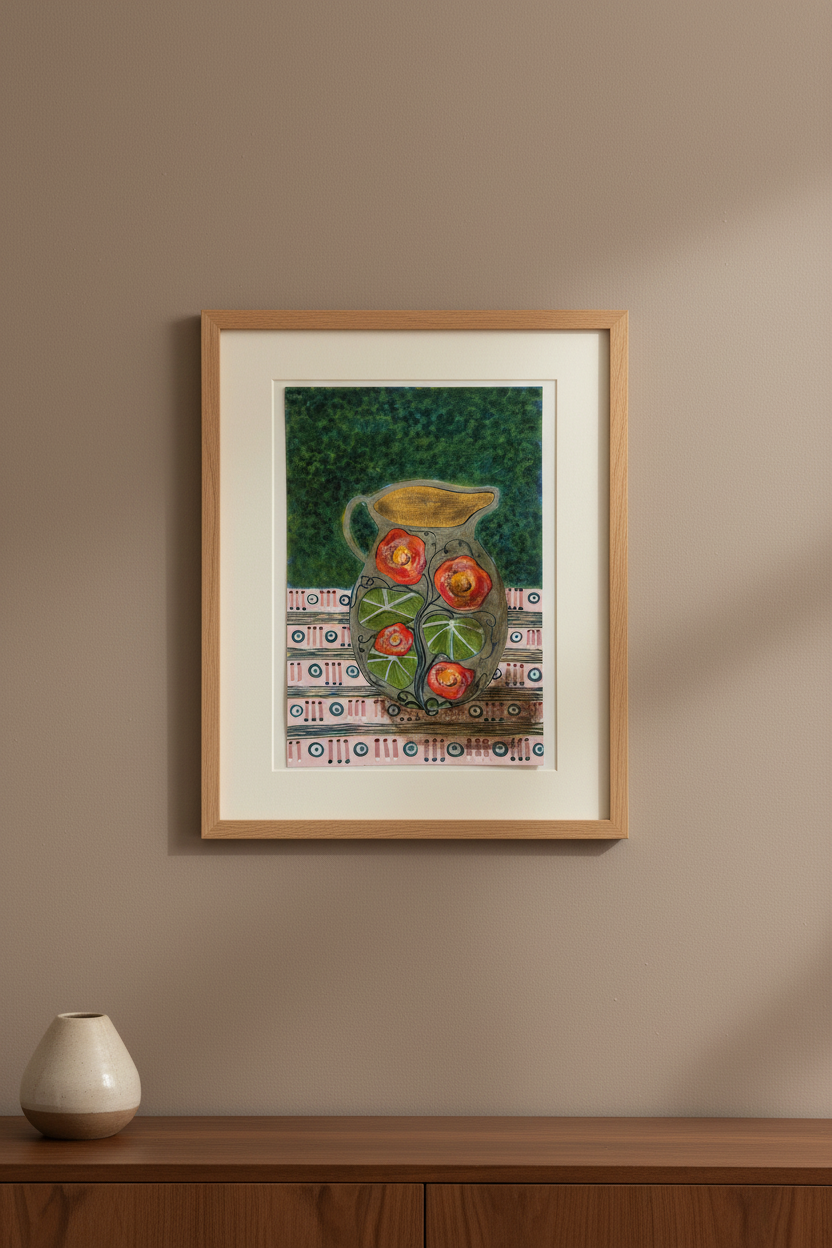 Jug with Nasturtiums on a patterned cloth -  Original Painting