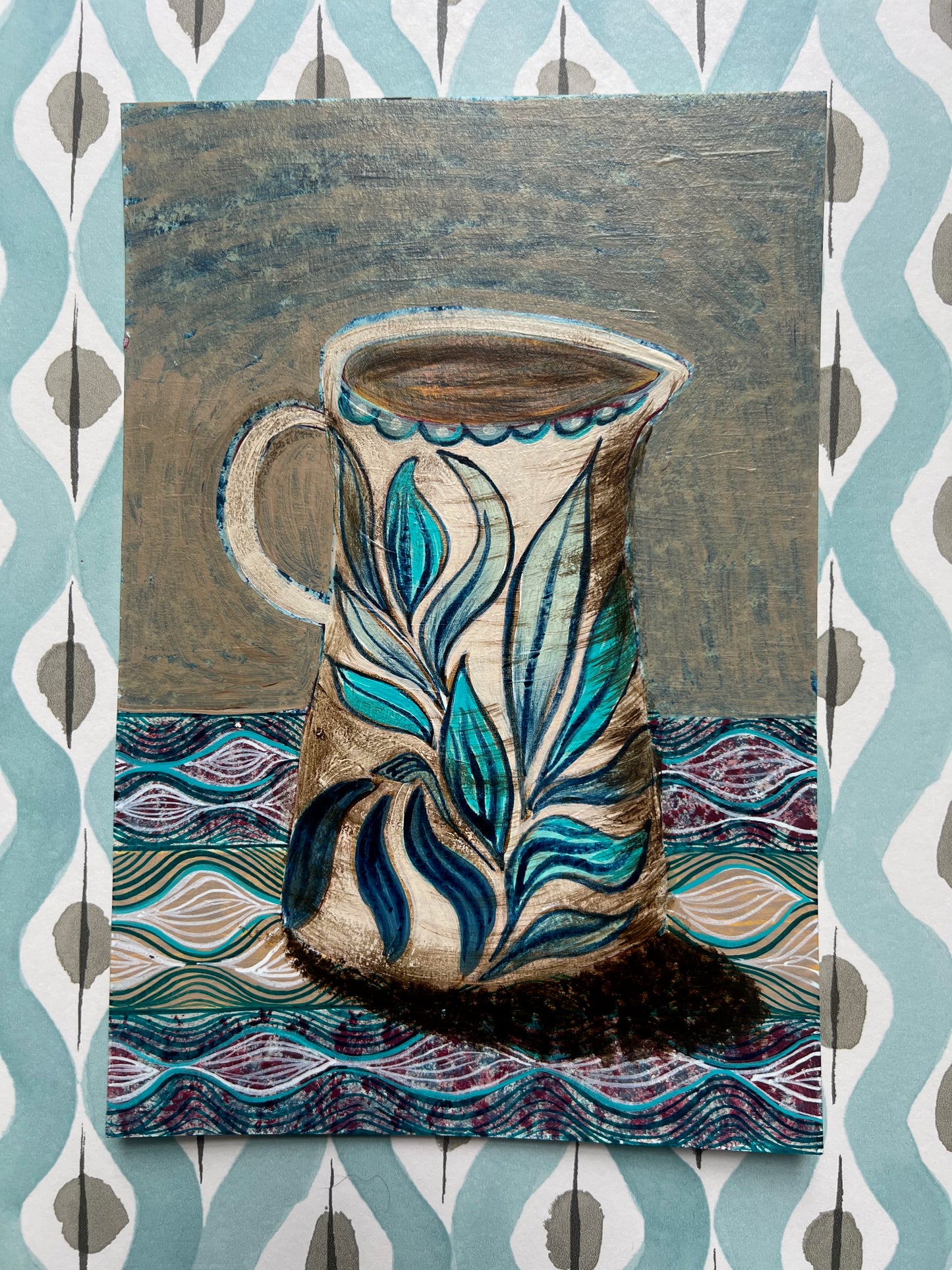 Blue Leaves Jug on a patterned cloth - Original Painting
