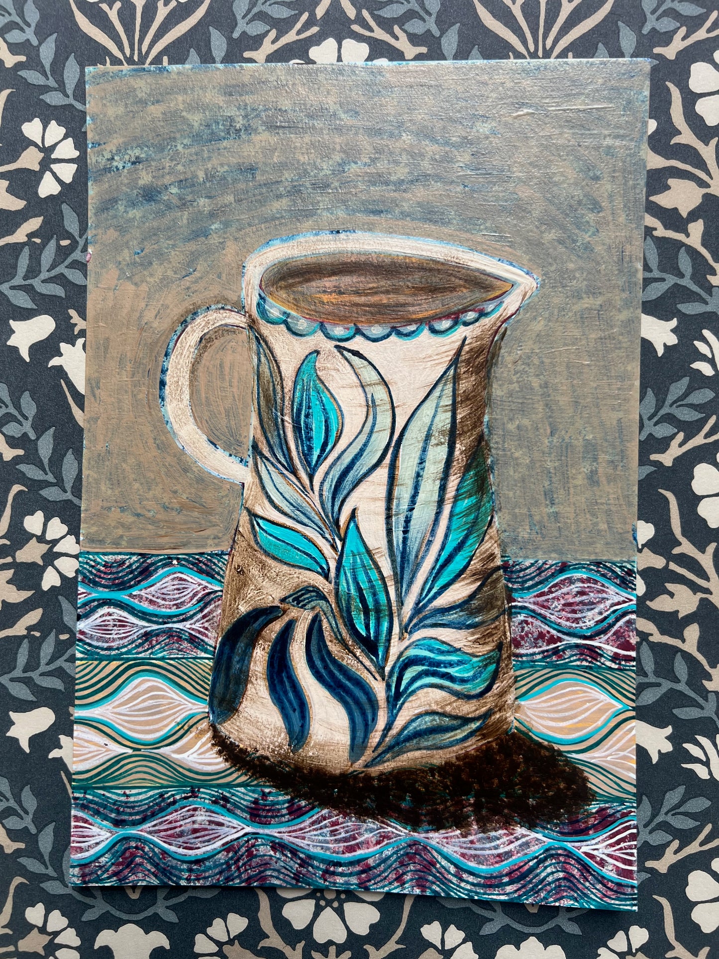 Blue Leaves Jug on a patterned cloth - Original Painting