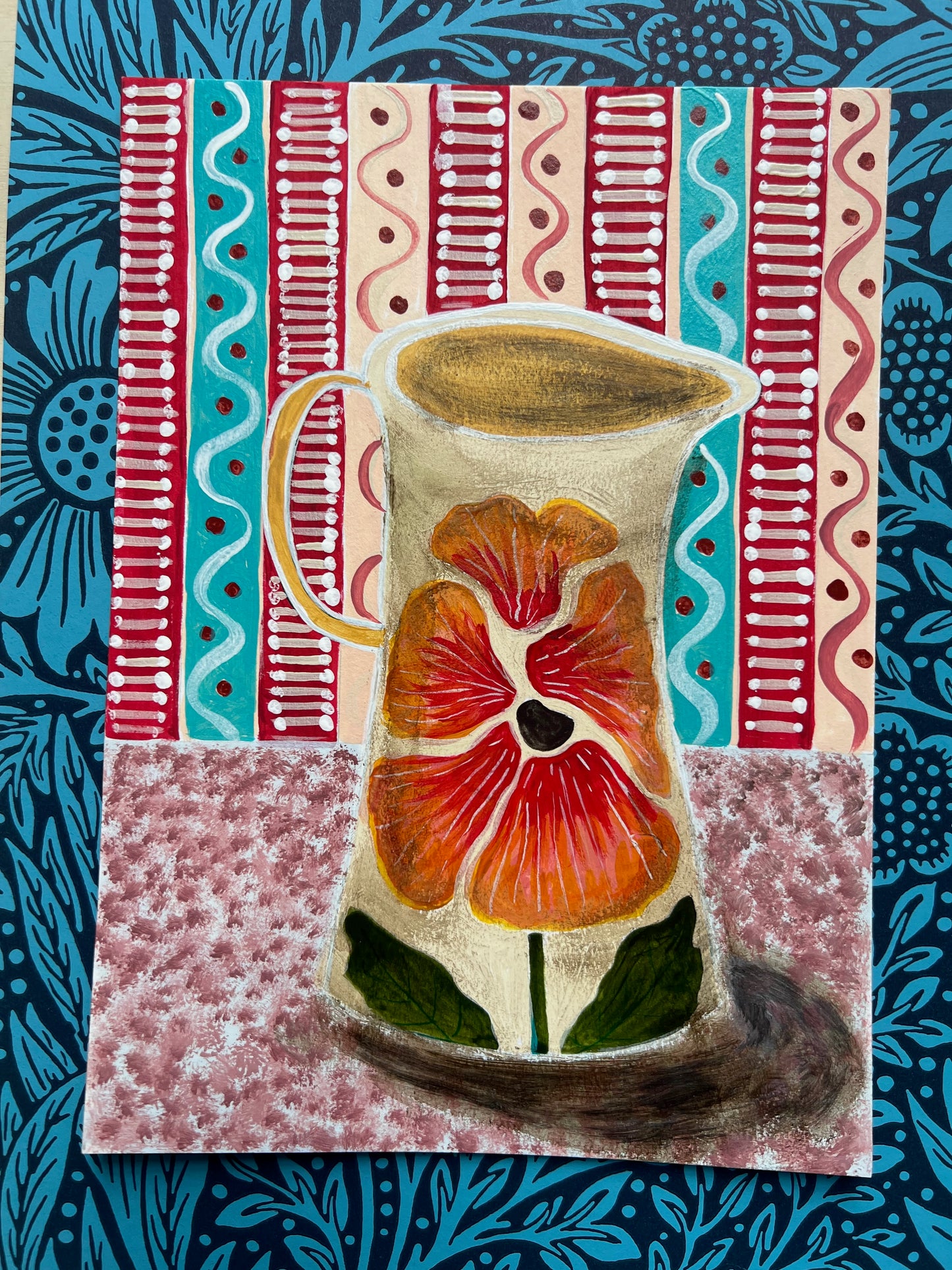 Pansy Jug with Stripy Wallpaper - Original Painting