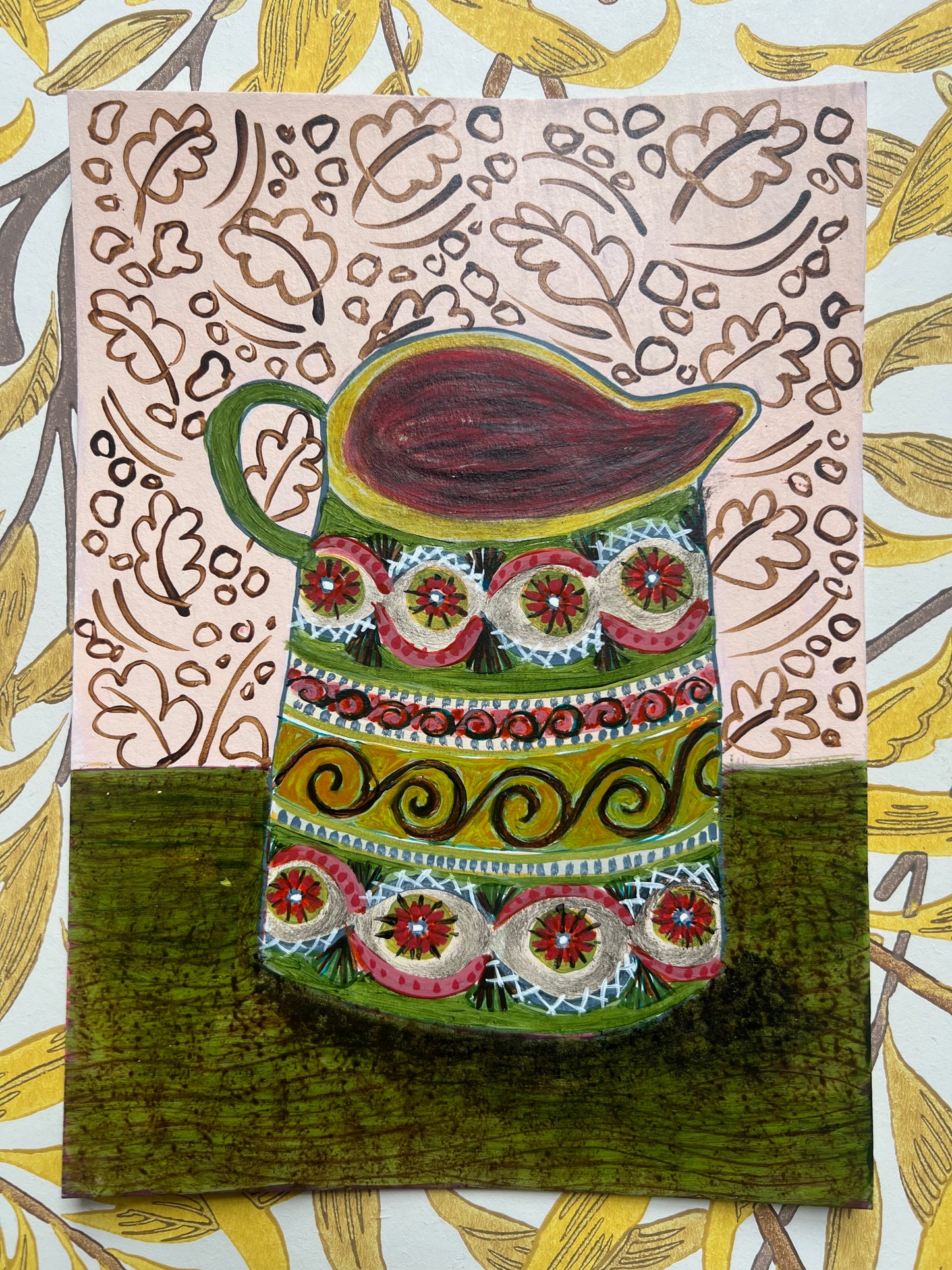 Spanish Jug against a pink patterned wallpaper - Original Painting