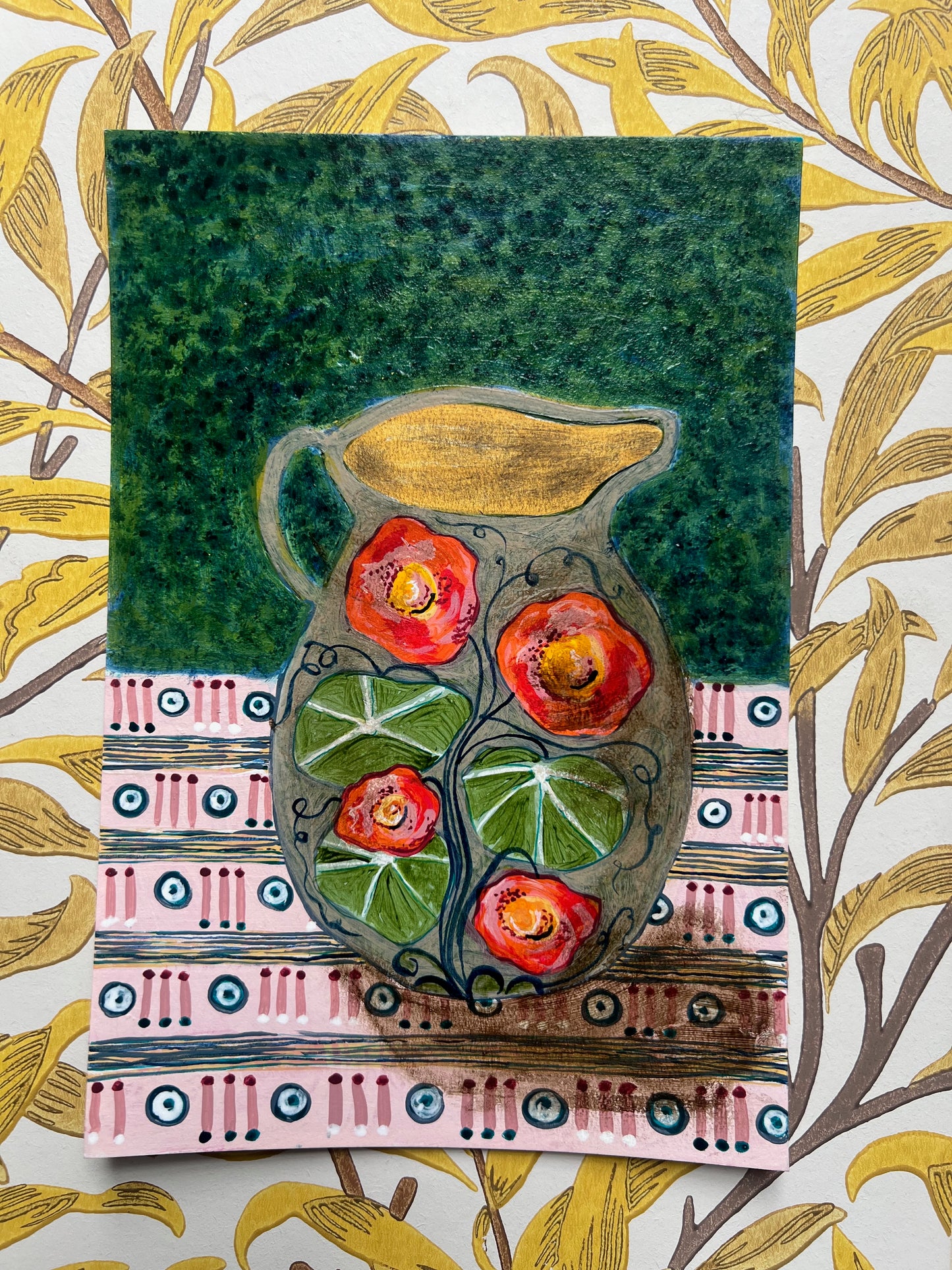 Jug with Nasturtiums on a patterned cloth -  Original Painting