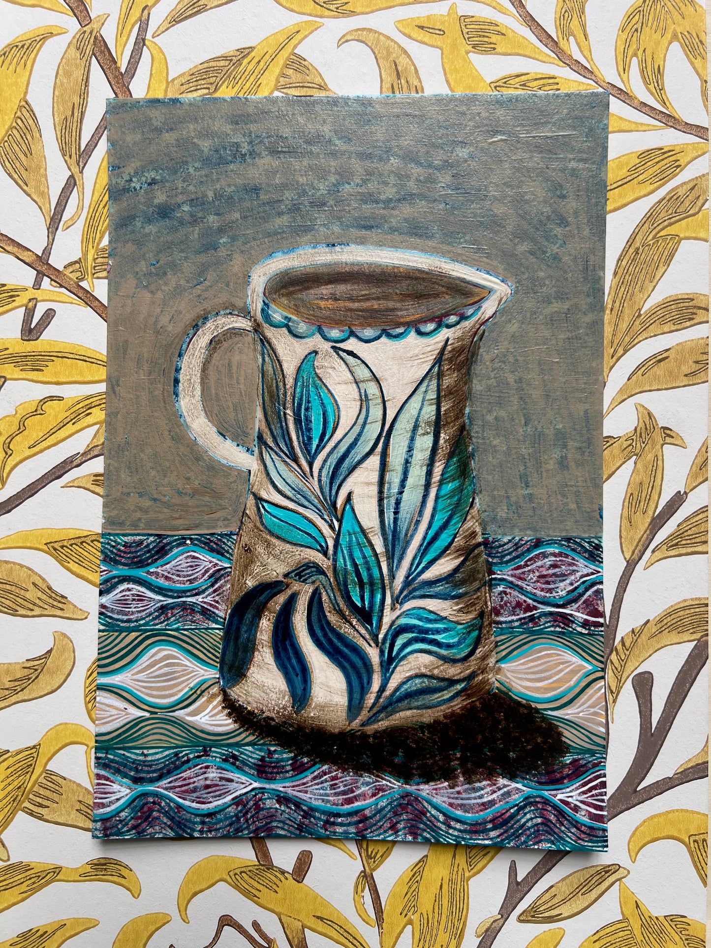 Blue Leaves Jug on a patterned cloth - Original Painting