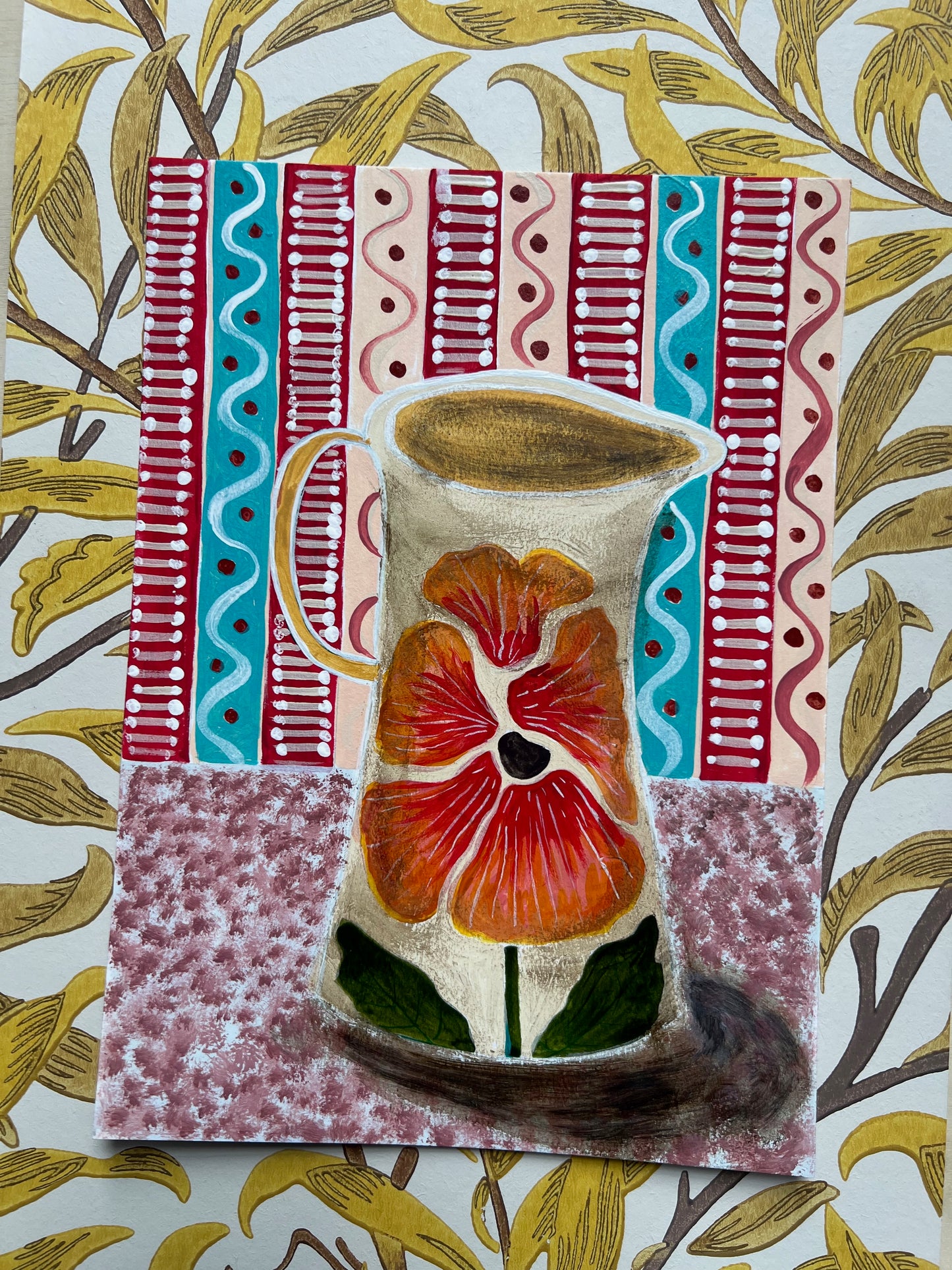 Pansy Jug with Stripy Wallpaper - Original Painting