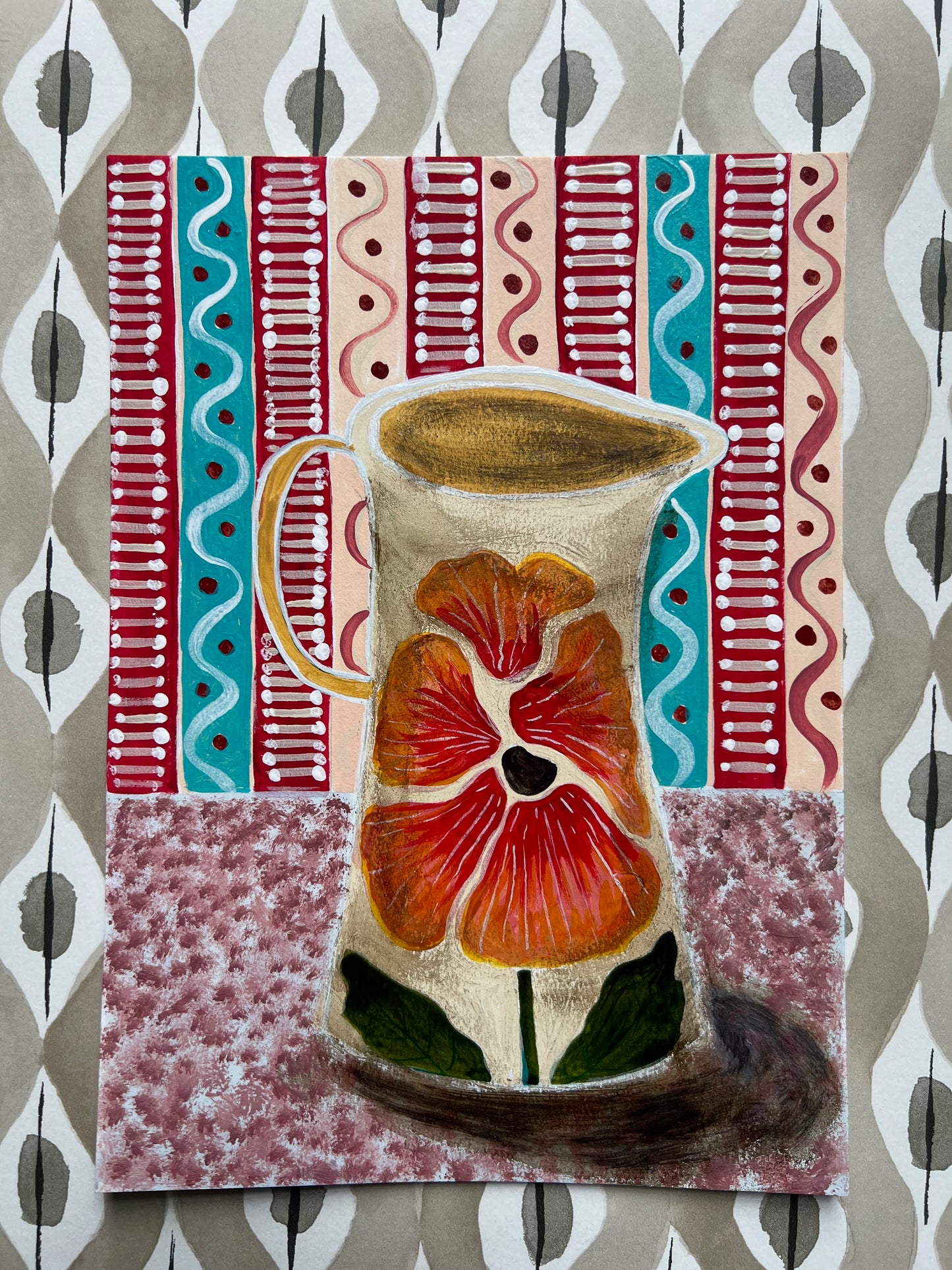 Pansy Jug with Stripy Wallpaper - Original Painting