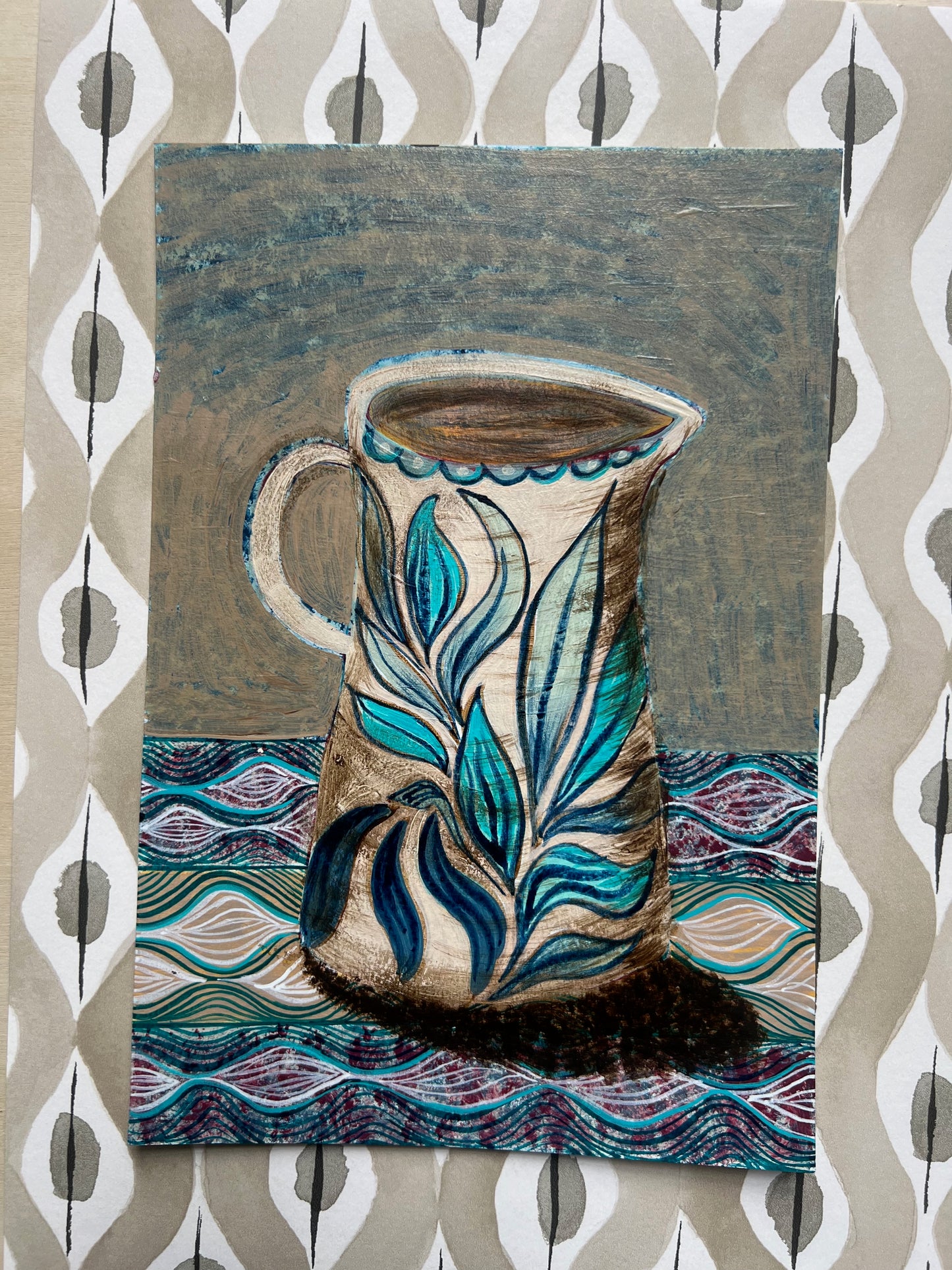 Blue Leaves Jug on a patterned cloth - Original Painting