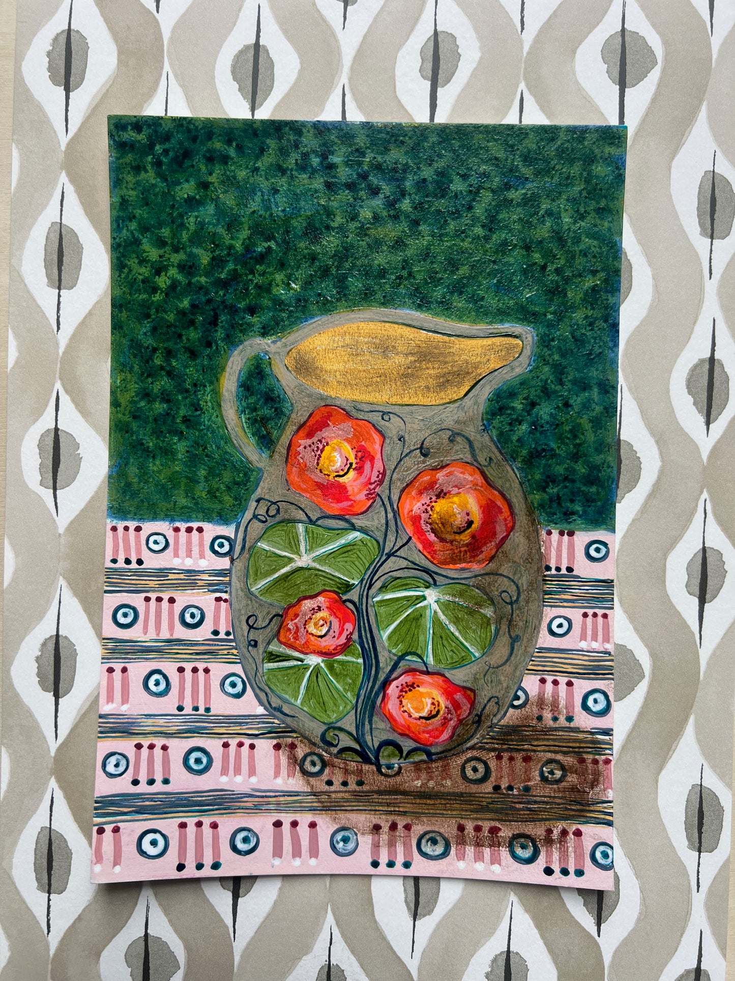 Jug with Nasturtiums on a patterned cloth -  Original Painting