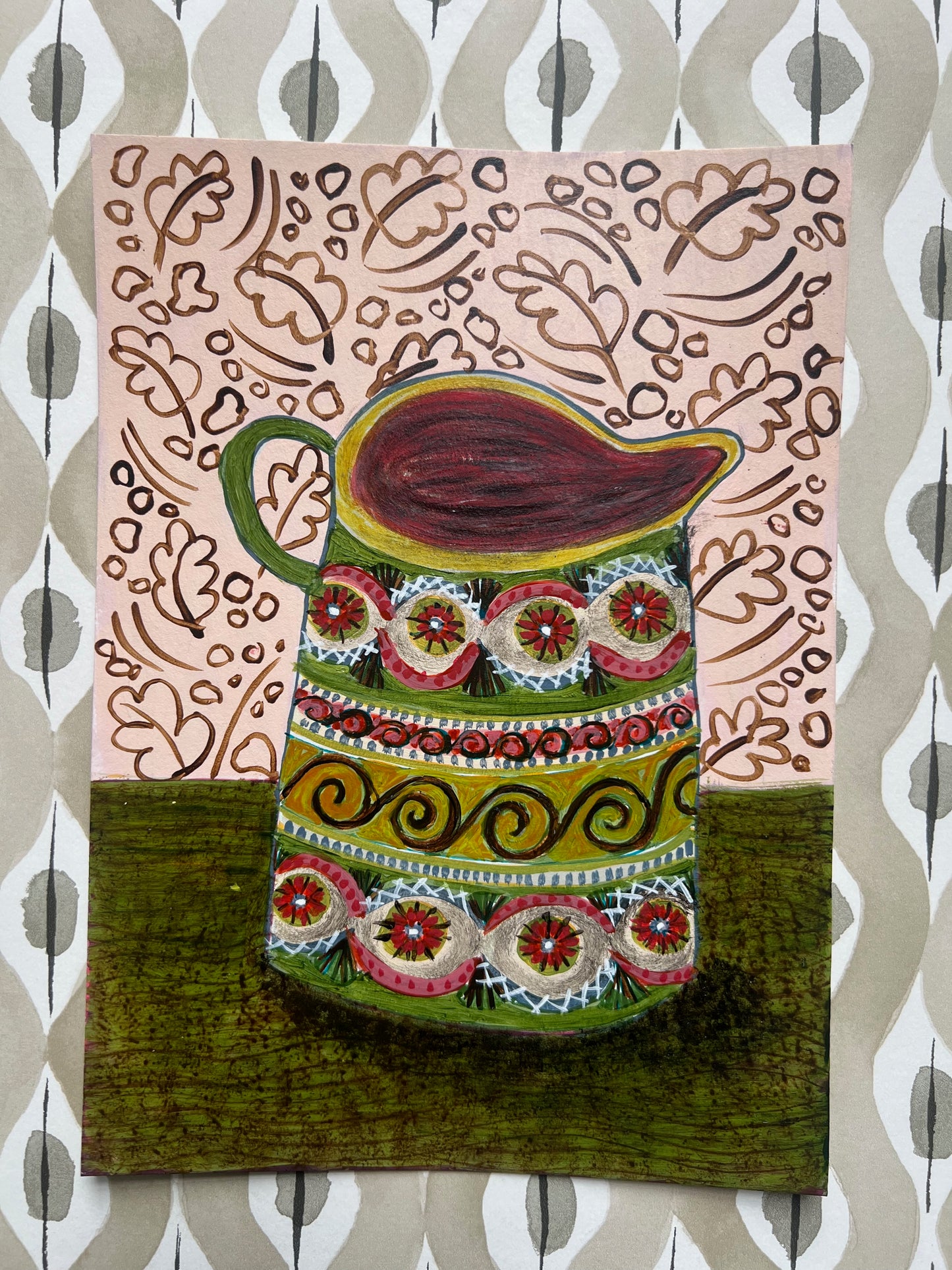 Spanish Jug against a pink patterned wallpaper - Original Painting