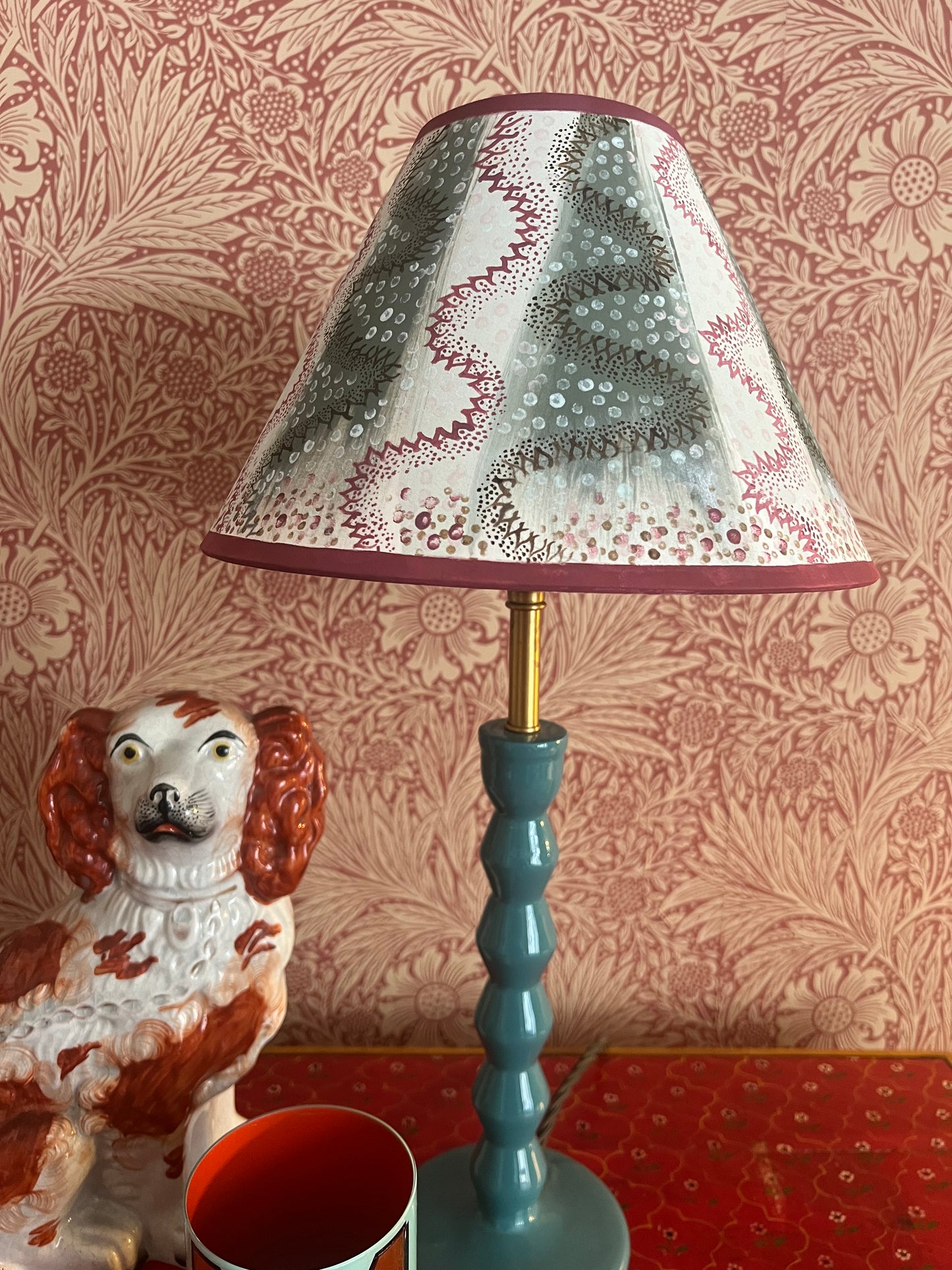 Painterly Folk Pattern Lampshade – Soft Green & Madder Red