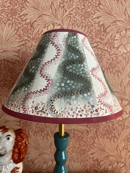 Painterly Folk Pattern Lampshade – Soft Green & Madder Red