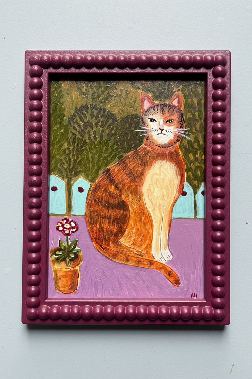 Original Cat Painting on Wooden Board | Acrylic Folk Art