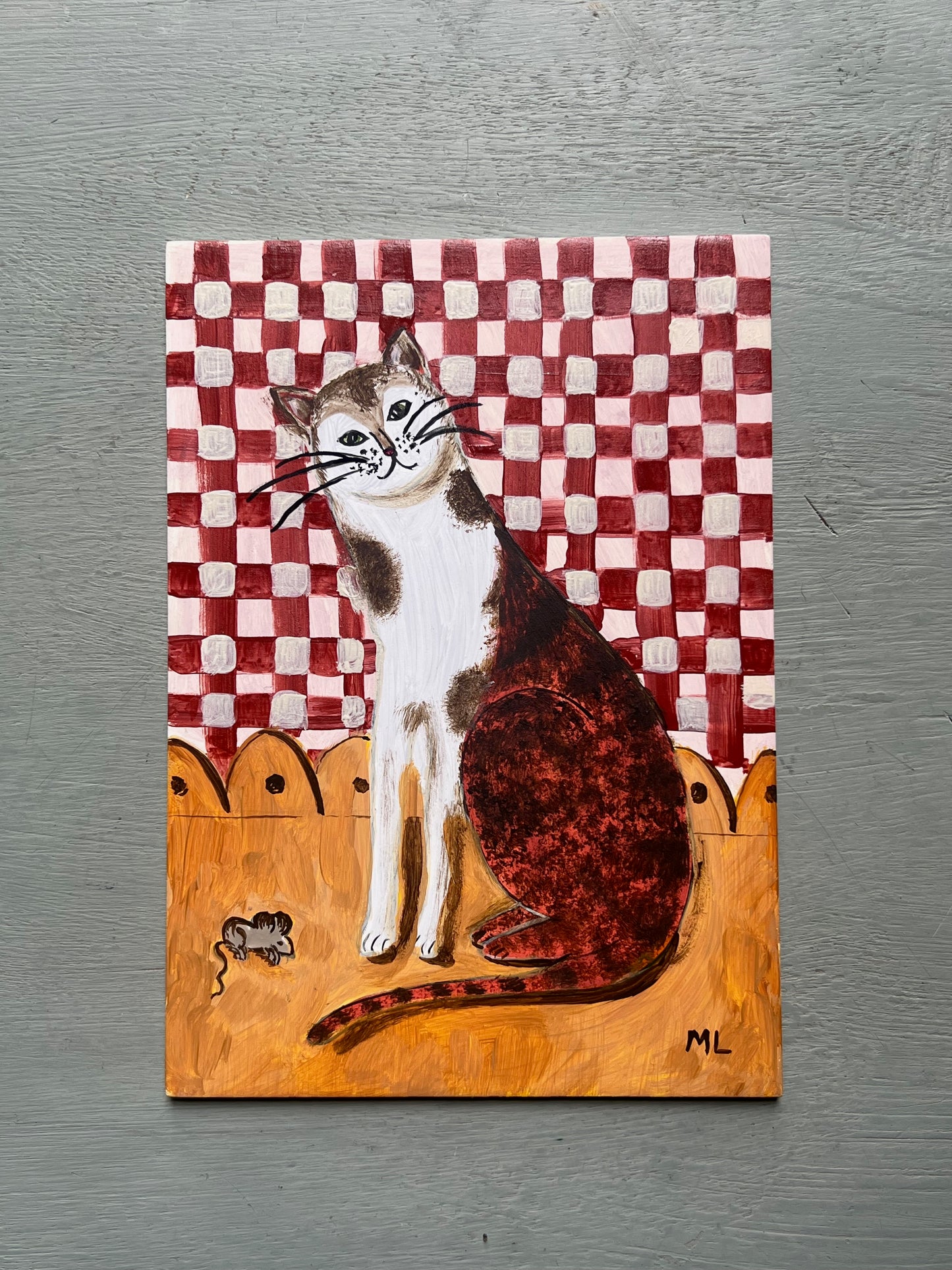 Original acrylic painting of a smiling cat sitting beside a tiny mouse against a red gingham background, painted on wooden board in a whimsical folk-art style.