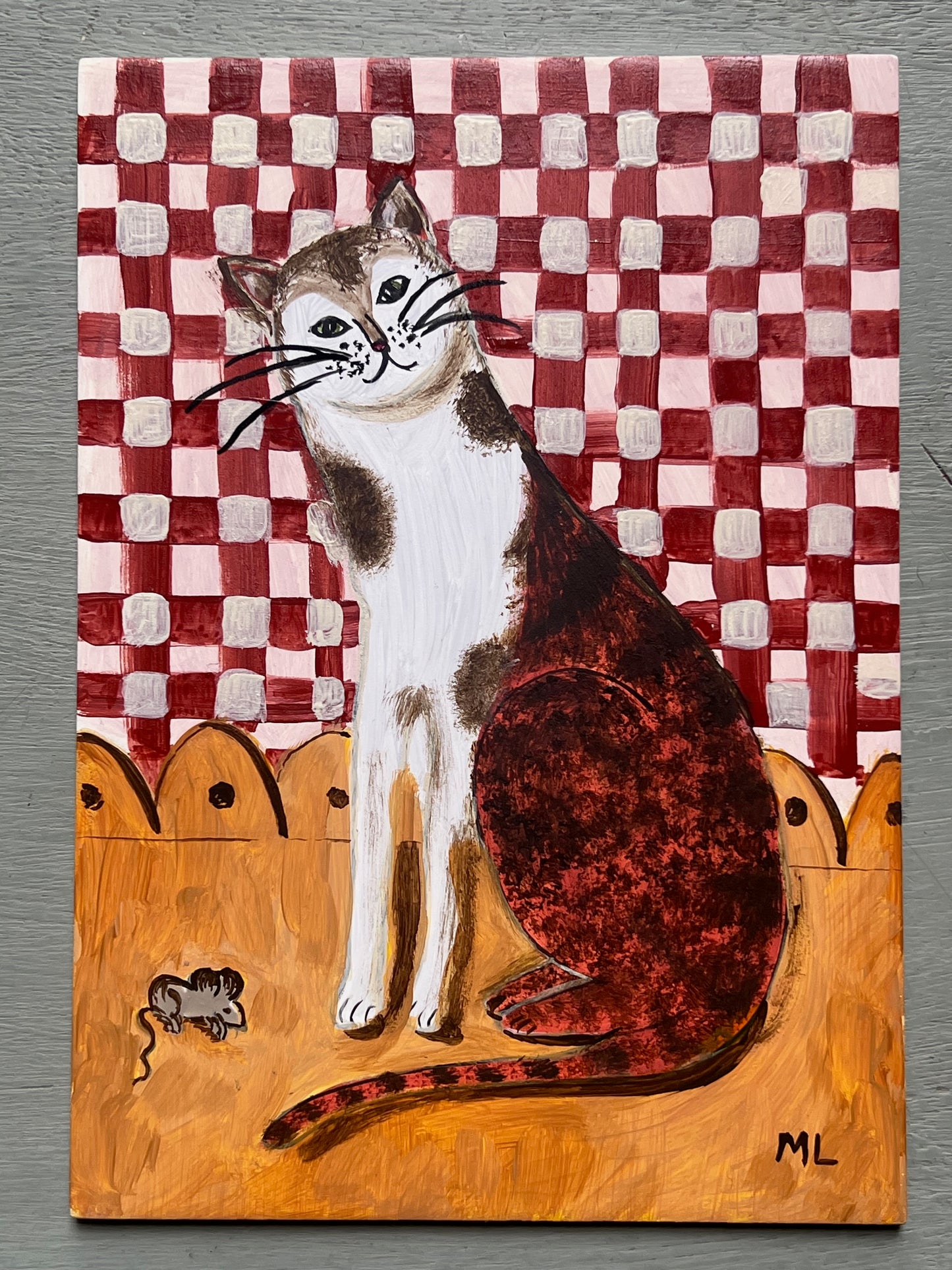 Original acrylic painting of a smiling cat sitting beside a tiny mouse against a red gingham background, painted on wooden board in a whimsical folk-art style.