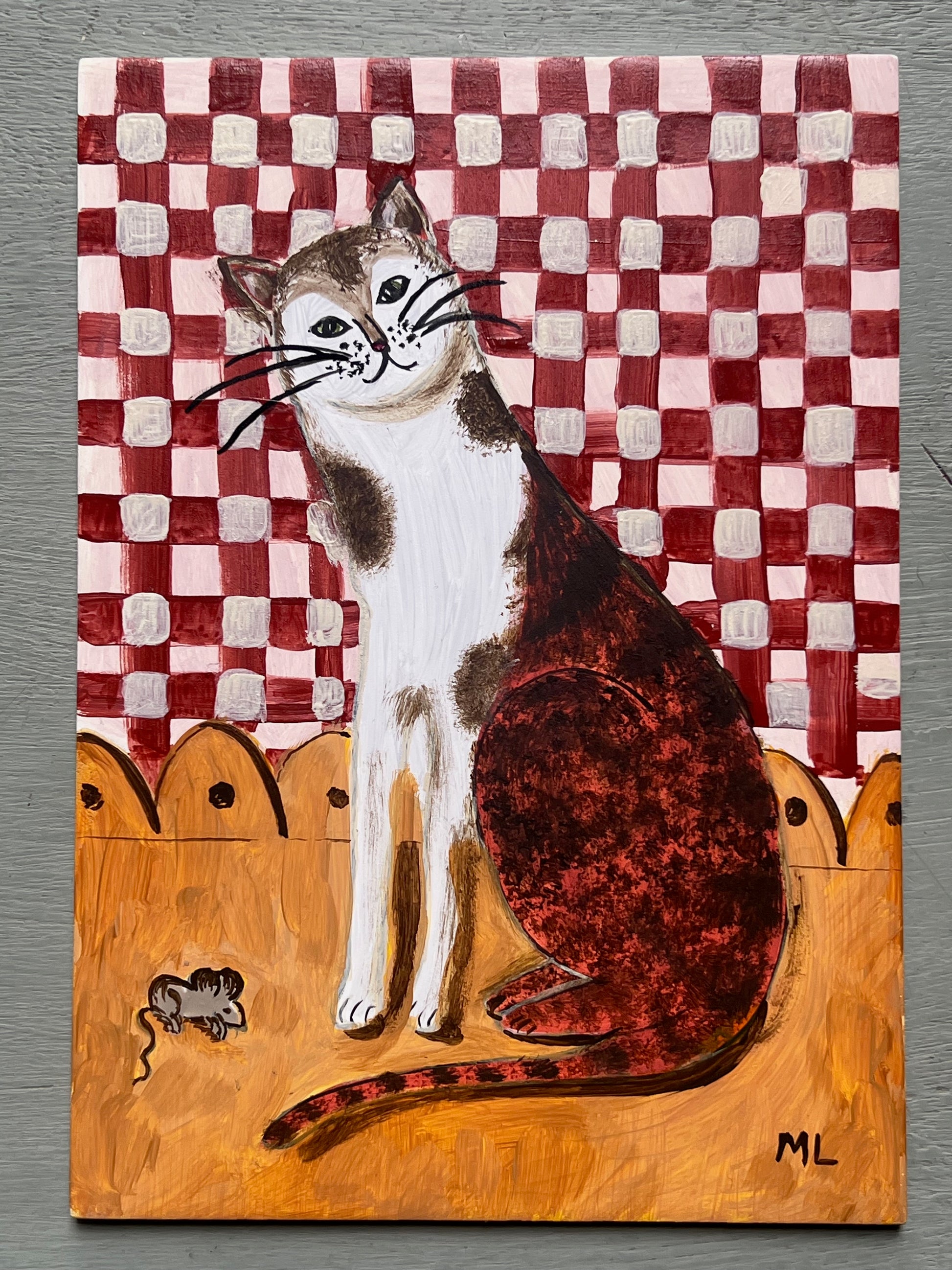 Original acrylic painting of a smiling cat sitting beside a tiny mouse against a red gingham background, painted on wooden board in a whimsical folk-art style.