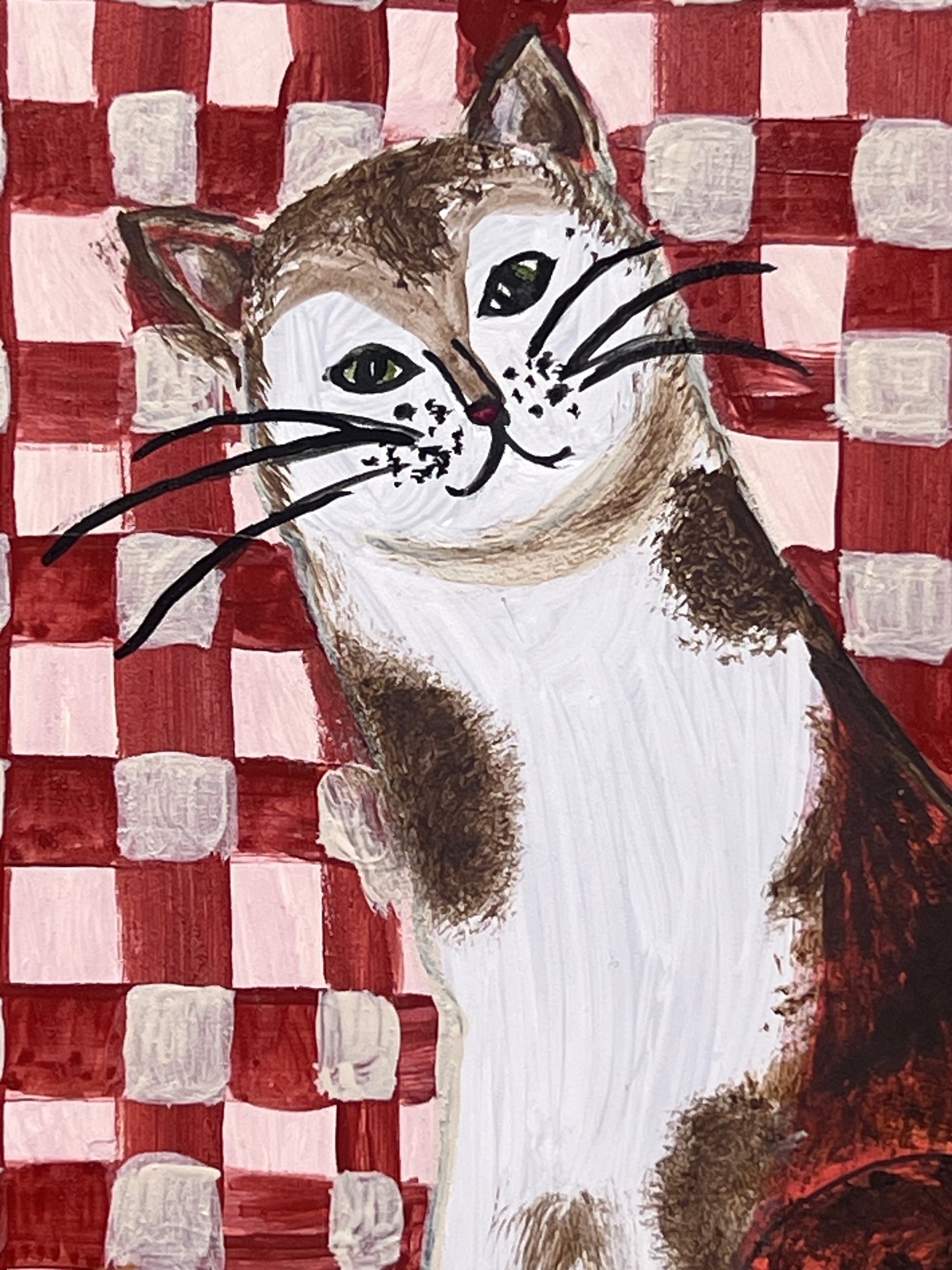 Original acrylic painting of a smiling cat sitting beside a tiny mouse against a red gingham background, painted on wooden board in a whimsical folk-art style.