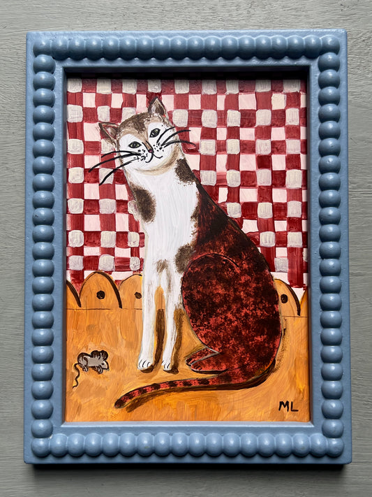 Original acrylic painting of a smiling cat sitting beside a tiny mouse against a red gingham background, painted on wooden board in a whimsical folk-art style.