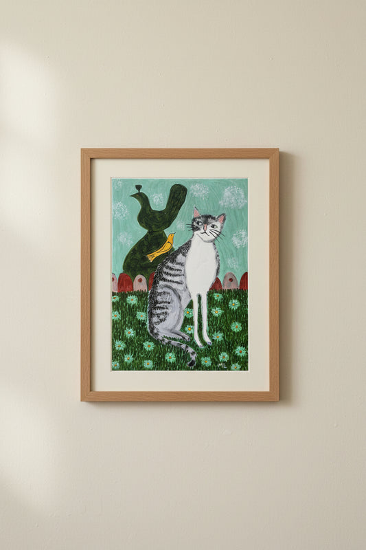 Original acrylic painting of a grey tabby cat sitting amongst white daisies beside a yellow bird and dark green ornamental figure against a pale turquoise background, painted on a 5 x 7 inch wooden board.