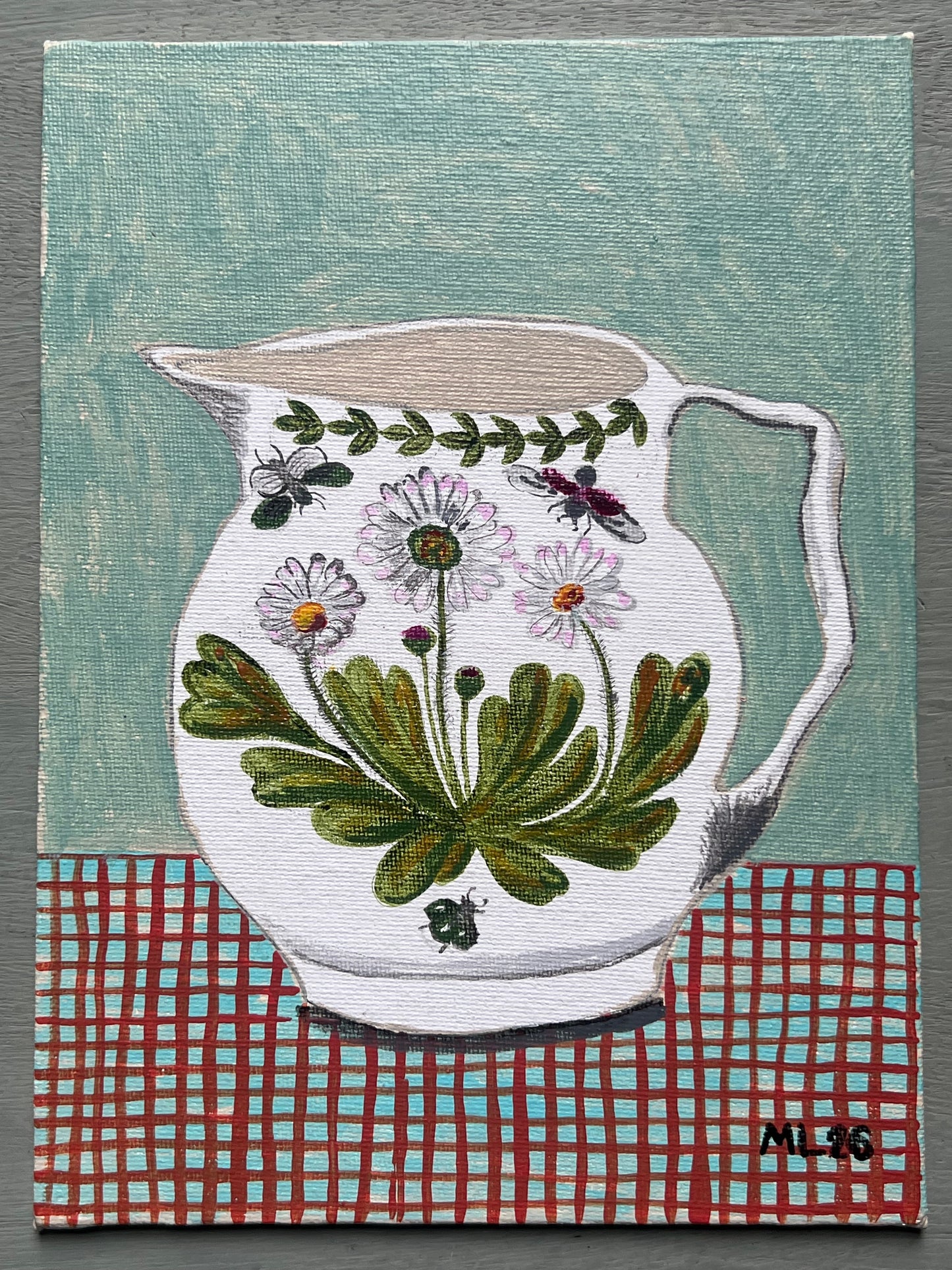 Original acrylic painting of a white jug decorated with daisies and beetles on a red checked surface against a pale aqua background, painted on 6 x 8 inch canvas board.