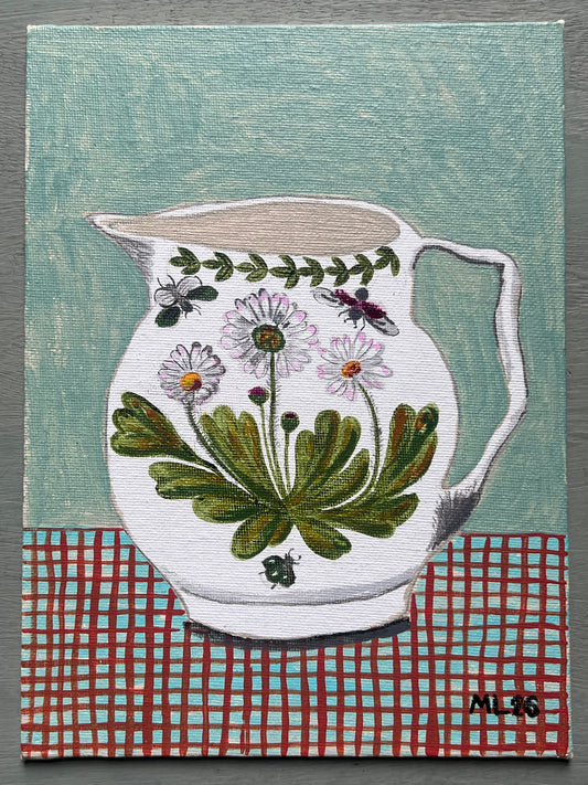 Original acrylic painting of a white jug decorated with daisies and beetles on a red checked surface against a pale aqua background, painted on 6 x 8 inch canvas board.