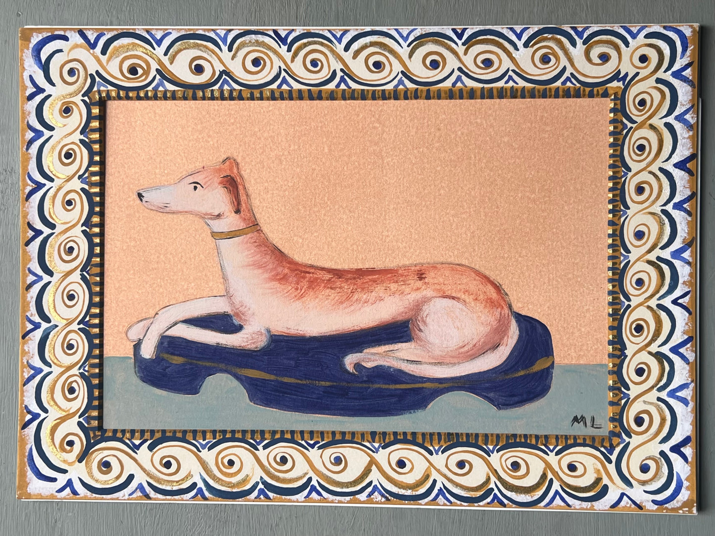 Original Staffordshire greyhound painting on a monoprint background by Melanie Lewis Home. Inspired by antique pottery figures and English interiors.