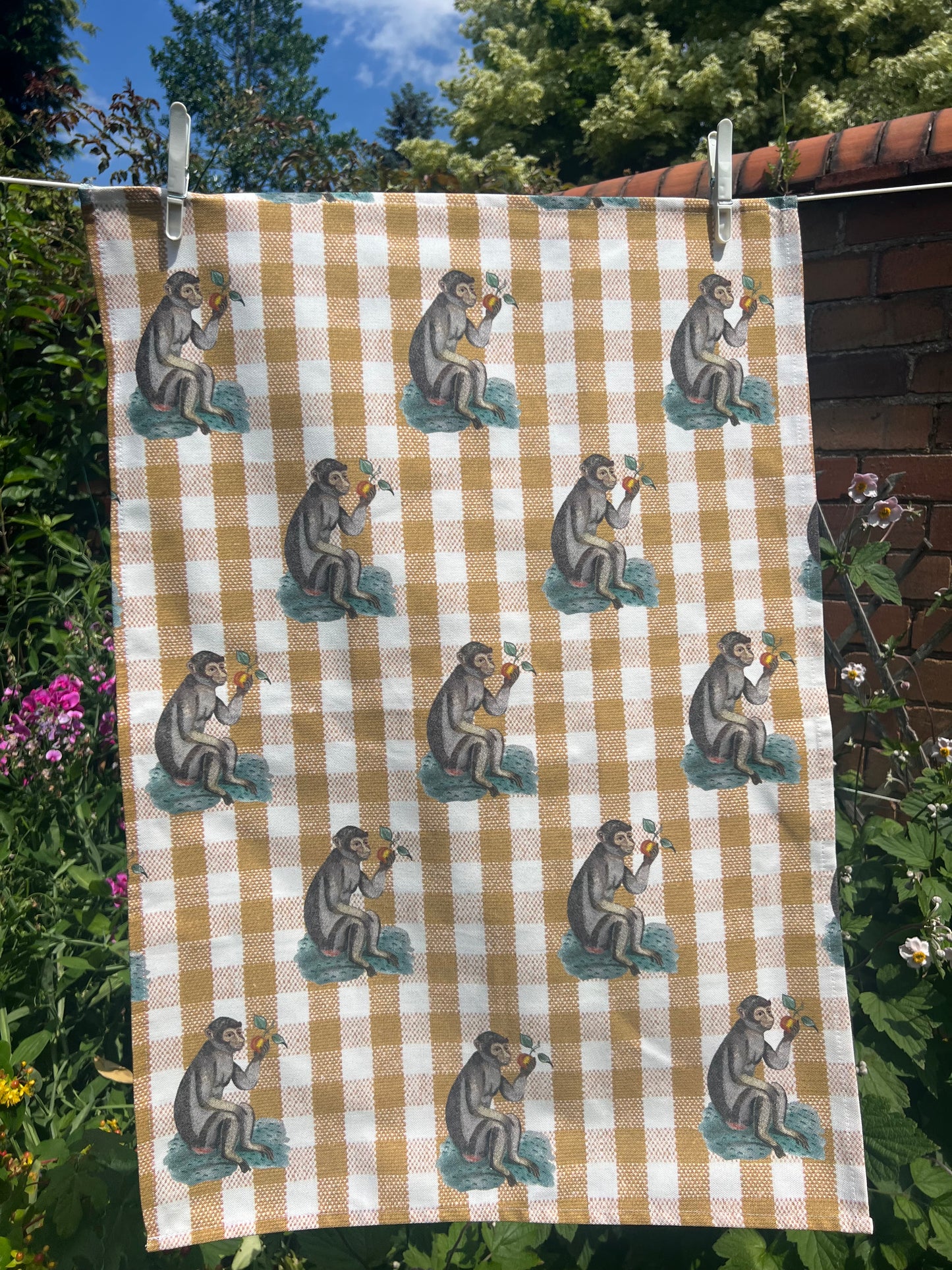 Gingham Monkey Tea Towel