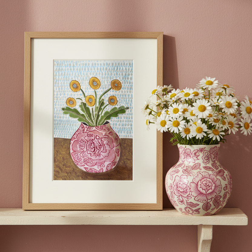 English Floral Still Life Art Print, Daisy Painting, Bloomsbury Inspired Wall Art, English Country House Decor, Pink Jug Flowers, Giclée Fine Art Print