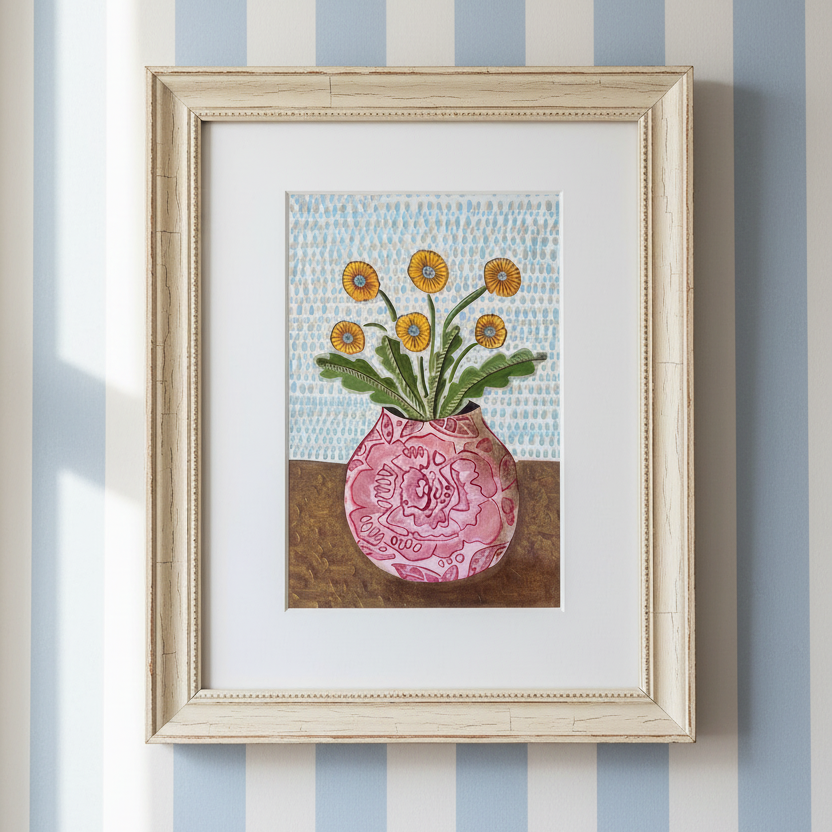 Framed artwork of a pink vase with flowers on a striped wall.
